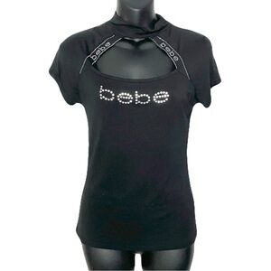 Bebe Black Rhinestone Cutout Short Sleeve Tee